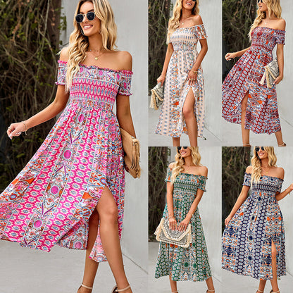 flowersverse Boho Floral Print Off-Shoulder Women's A-Line Dress with Split