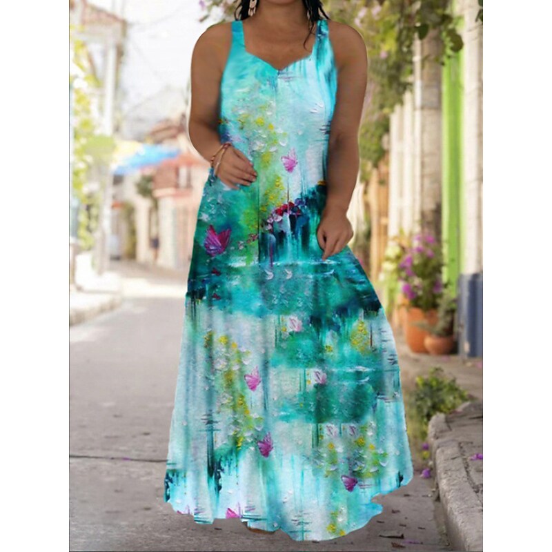 flowersverse Women's Plus Size Casual Dress Slip Dress Floral Butterfly Long Dress Maxi Dress Sleeveless Backless Print Strap Fashion Daily Black Light Green Spring Summer L XL XXL 3XL 4XL