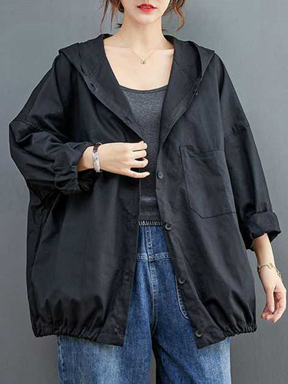 flowersverse Buttoned Pleated Pockets Solid Color Long Sleeves Loose Hooded Trench Coats Outerwear