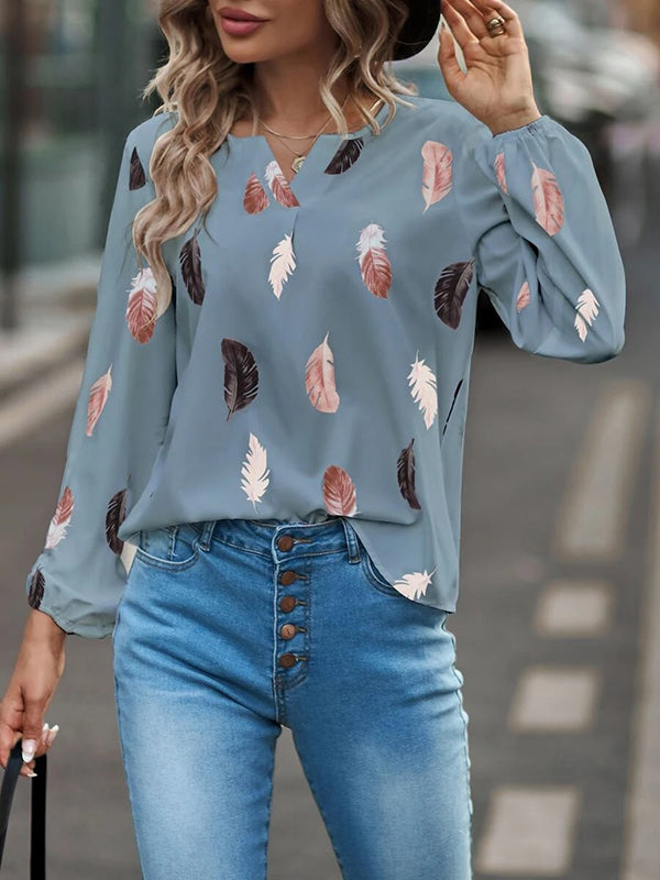 flowersverse Printed Long Sleeves Loose V-Neck Blouses&Shirts Tops