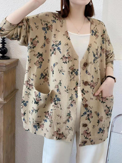 flowersverse Buttoned Knitted Flower Pockets Long Sleeves Loose V-Neck Cardigan Tops