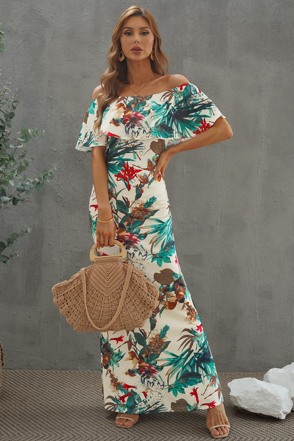 flowersverse Elegant Floral Layered Off-Shoulder Maxi Dress