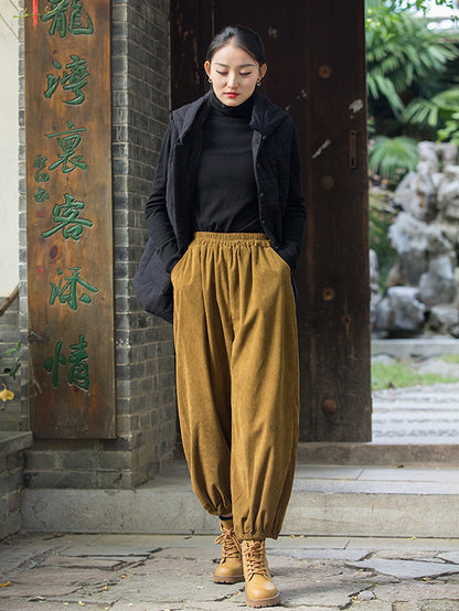 flowersverse Loose Solid Color Corduroy Casual Ninth Pants Bottoms