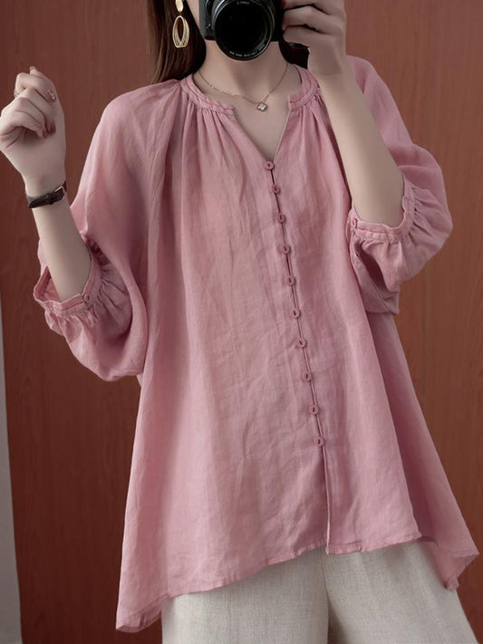 flowersverse Simple Casual Solid Buttoned Pleated Blouse