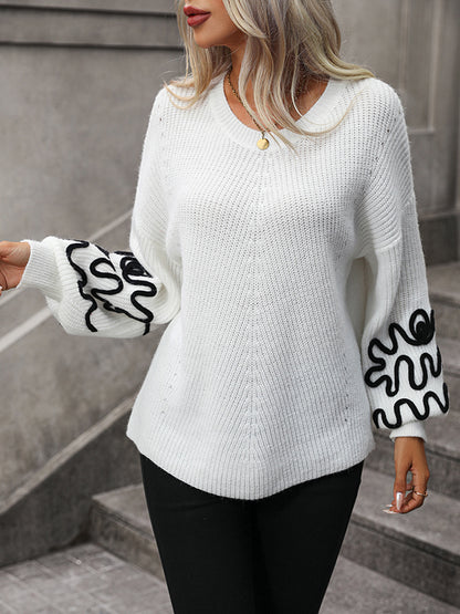 flowersverse Hollow Long Sleeves Loose Round-Neck Sweater Tops Pullovers Knitwear