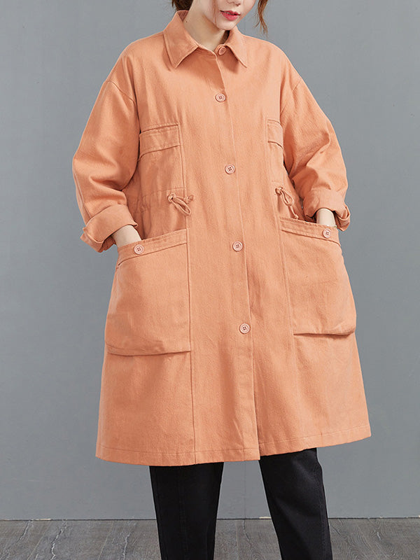 flowersverse Casual Loose Solid Color Buttoned Lapel Collar Long Sleeves Trench Coat