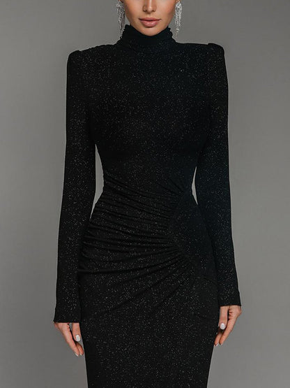 flowersverse Plain Elegant Turtleneck Tight Long Party Dress