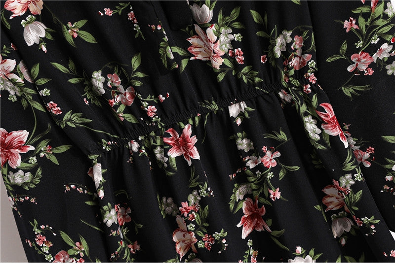 flowersverse Autumn Winter Ladies Chiffon High Elastic Waist Women Bow Aline Full Sleeve Flower Print Floral Party Dress Female Vestido