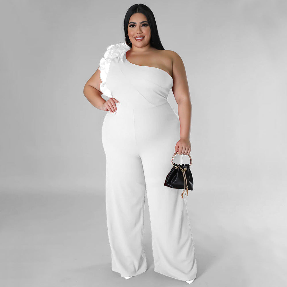 flowersverse Plus Size Ladies One Shoulder Mesh Wide Leg Pants