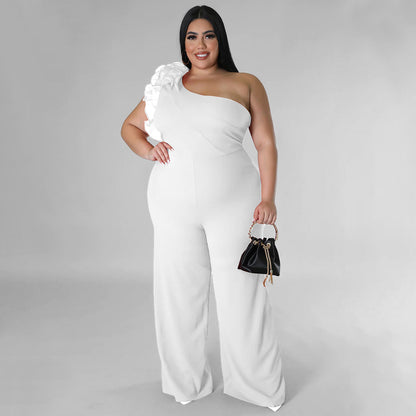 flowersverse Plus Size Ladies One Shoulder Mesh Wide Leg Pants