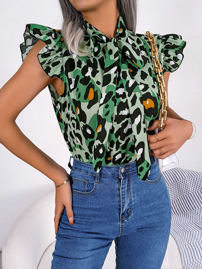 flowersverse Leopard Cap Sleeve Loose Statement Collar Vest Top