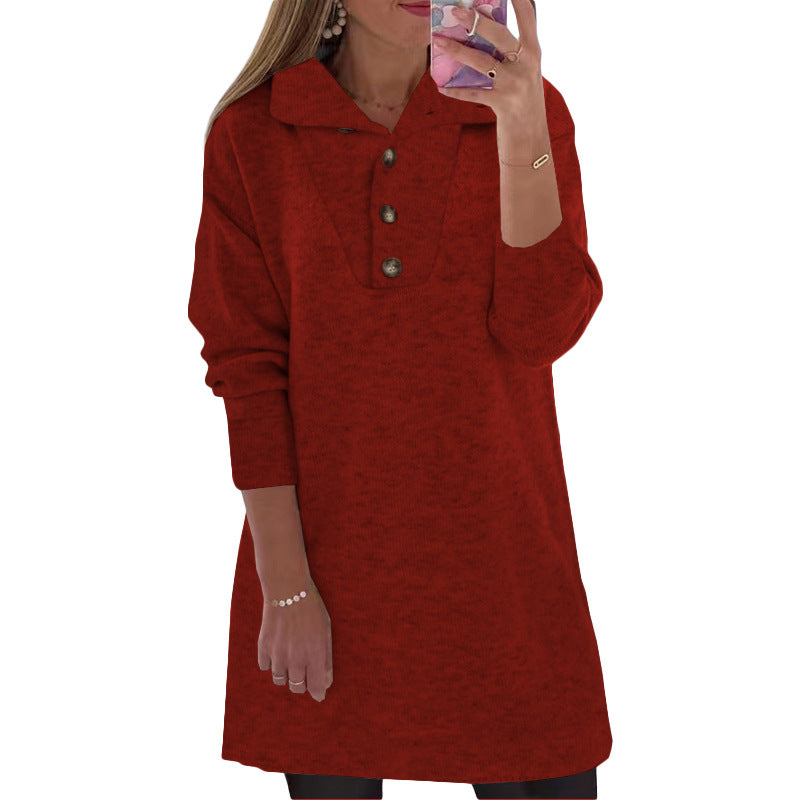 flowersverse New Women's Solid Collar Button Long Sleeve Casual Dress Women