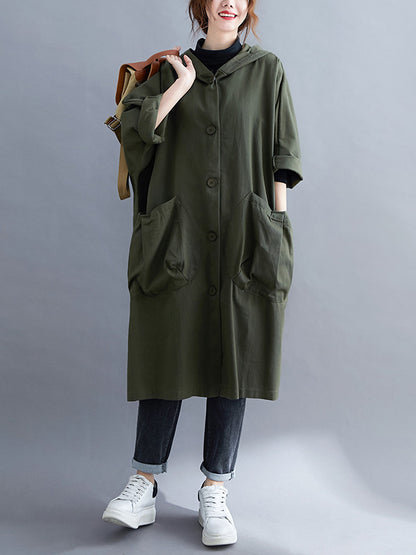 flowersverse Loose Hooded Trench Long Coat