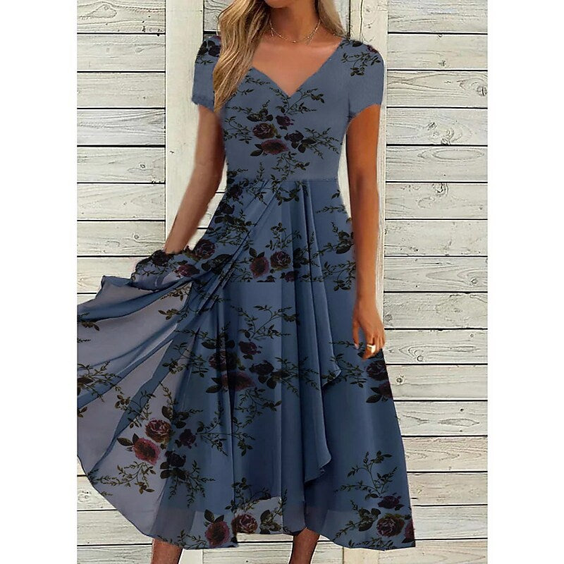 flowersverse Women's Casual Dress Chiffon Dress Midi Dress Navy Blue Purple Short Sleeve Floral Print Spring Summer V Neck Stylish  S M L XL XXL 3XL