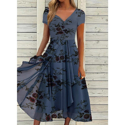 flowersverse Women's Casual Dress Chiffon Dress Midi Dress Navy Blue Purple Short Sleeve Floral Print Spring Summer V Neck Stylish  S M L XL XXL 3XL