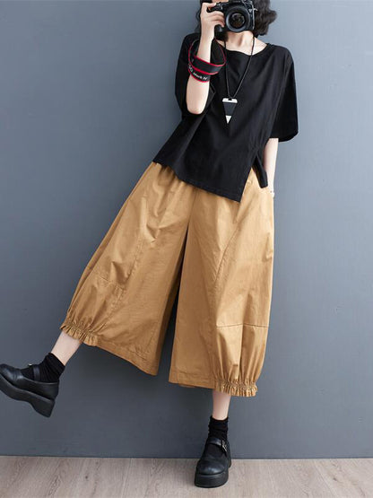 flowersverse Solid Color Split-Joint Ninth Pants Wide Leg Casual Pants Bottoms