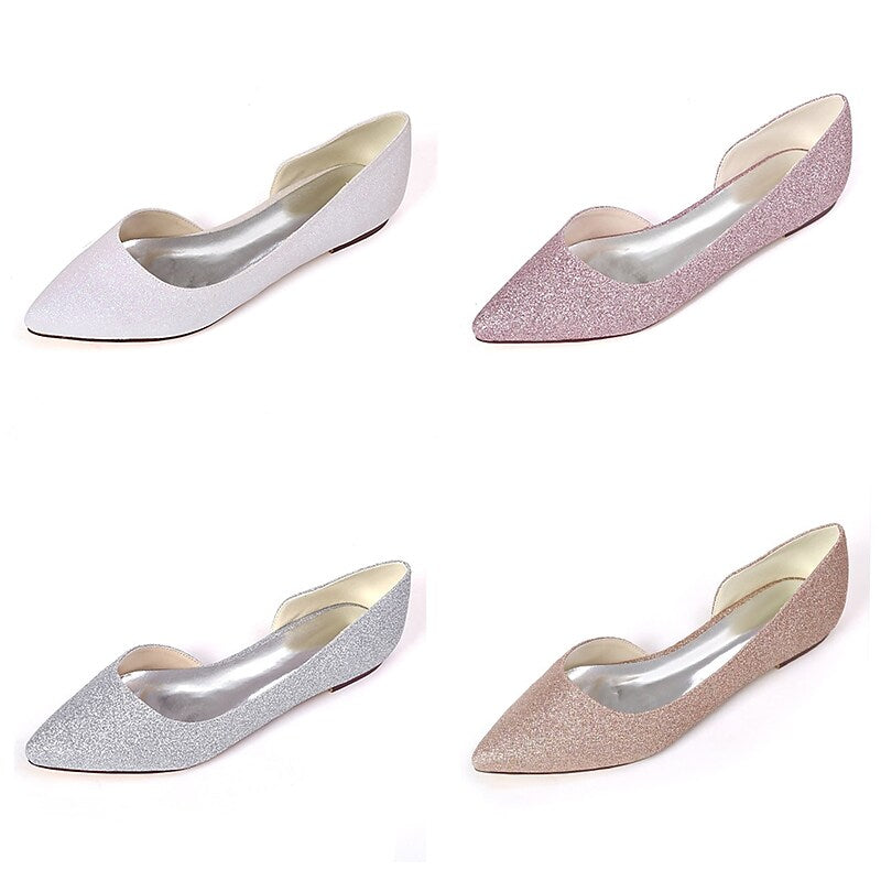 flowersverse Women's Wedding Shoes Wedding Party Wedding Flats Bridesmaid Shoes Summer Flat Heel Pointed Toe Basic Minimalism Glitter Synthetics Loafer Solid Colored White Silver Champagne