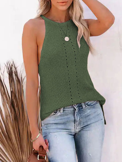 flowersverse Hollow Solid Color Loose Sleeveless Spaghetti-Neck Vest Top