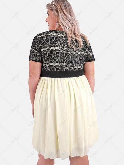 flowersverse Plus Size Lace Panel Chiffon Mini A Line Dress