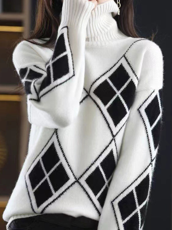 flowersverse Casual Long Sleeves Loose Plaid High-Neck Sweater Tops