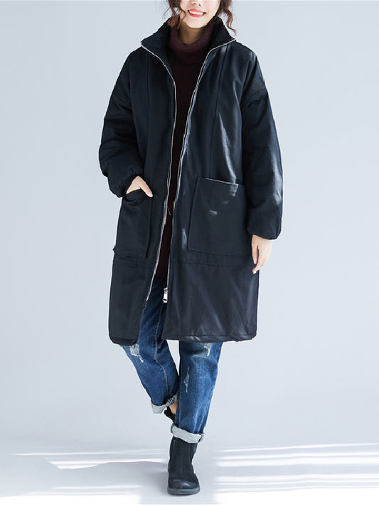 flowersverse Quilted Zipper Long Sleeves Loose High Neck Padded Coat Coats