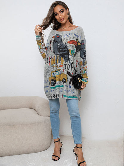 flowersverse Casual Long Sleeves Loose Cartoon Printed Contrast Color Round-Neck Sweater Tops