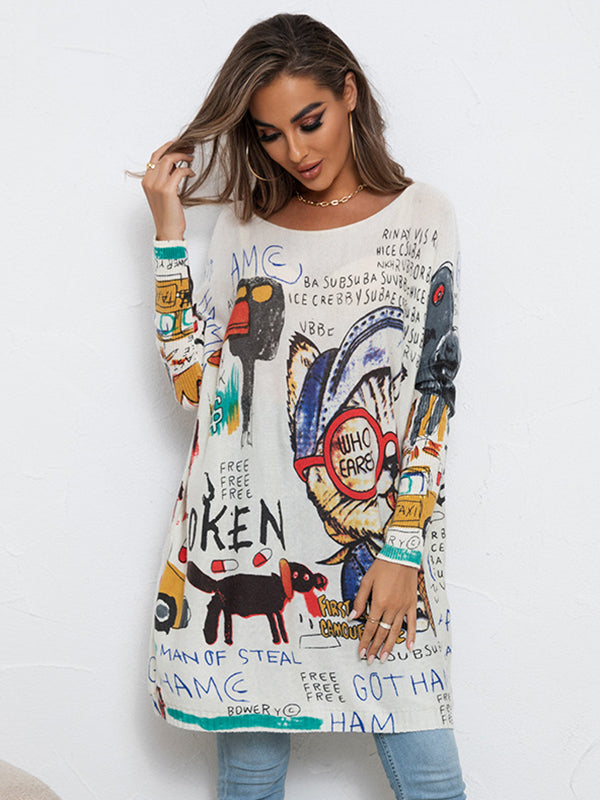 flowersverse Casual Long Sleeves Loose Cartoon Printed Contrast Color Round-Neck Sweater Tops