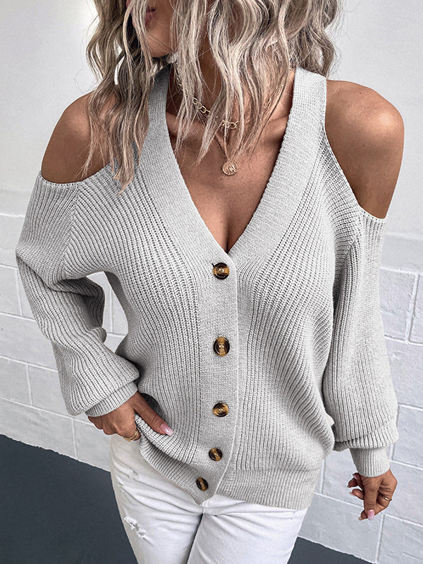 flowersverse Trendy Tops Loose Solid Color V-Neck Cold Shoulder Cardigan Tops