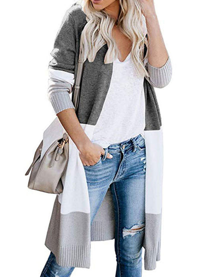 flowersverse Contrast Color Long Sleeves Loose V-Neck Cardigan Tops