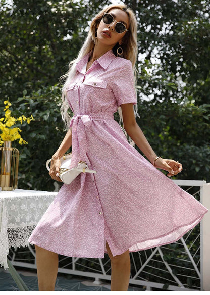 flowersverse Summer Print Bandage Dress For Women Short Sleeve Turn Down Collar Ladies Casual Button Knee Length Floral Dress