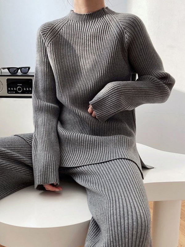 flowersverse Urban Loose Solid Round-Neck Split-Side Sweater& Wide Leg Pants Suits