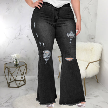 flowersverse Trendy Slim Wide Leg Ripped Plus Size Bell Bottom Denim Pants