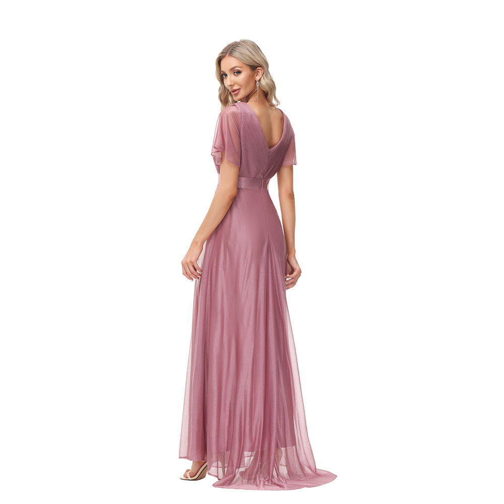 flowersverse Sparkling Party Dress Double V Neck Mesh Ruffle Sleeve Folded A Hem Fully Lined Elastic Evening Dress