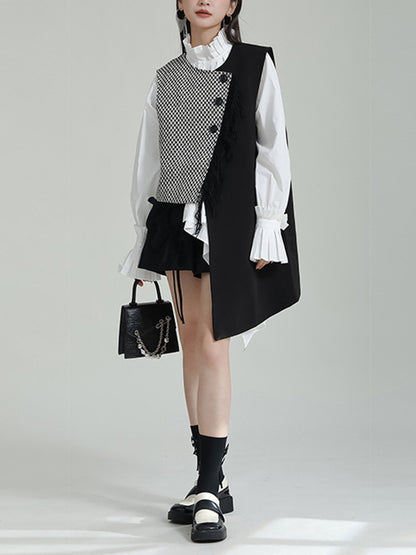 flowersverse Asymmetric Buttoned Houndstooth Ruffle Sleeves Sleeveless Vest Outerwear