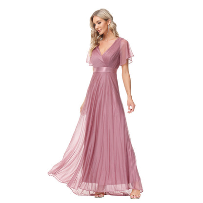 flowersverse Sparkling Party Dress Double V Neck Mesh Ruffle Sleeve Folded A Hem Fully Lined Elastic Evening Dress