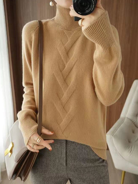 flowersverse Casual Loose Long Sleeves Solid Color High-Neck Sweater Tops