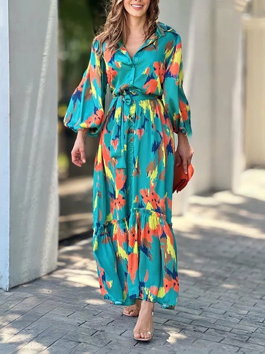 flowersverse Long Sleeves Loose Printed Lapel Collar Maxi Dresses