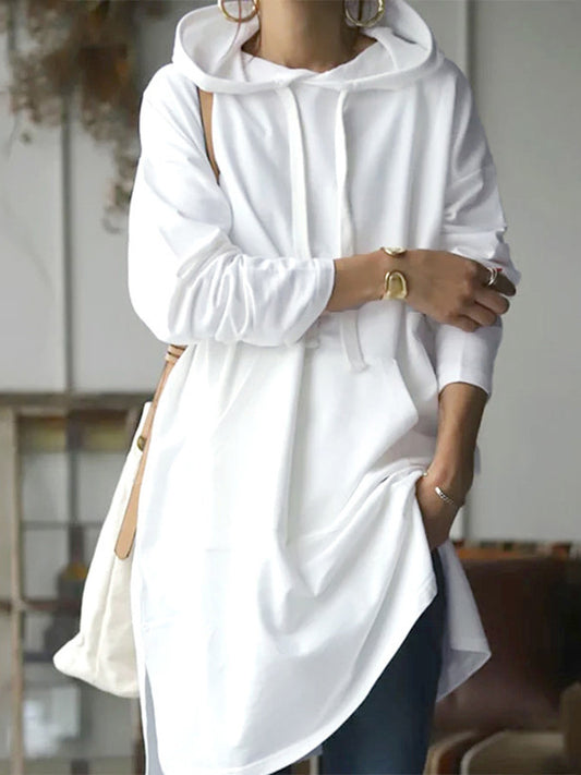 flowersverse Urban Loose Drawstring Split-Side Solid Color Hoodies Top