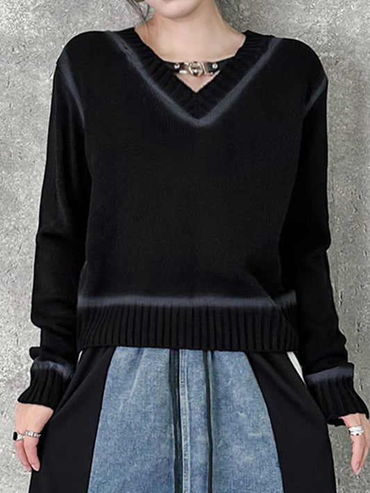 flowersverse Buckle Elasticity Long Sleeves Loose V-Neck Sweater Tops Pullovers Knitwear