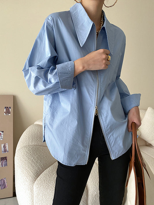 flowersverse Fashion Long Sleeves Solid Color Zipper Lapel Collar Blouses