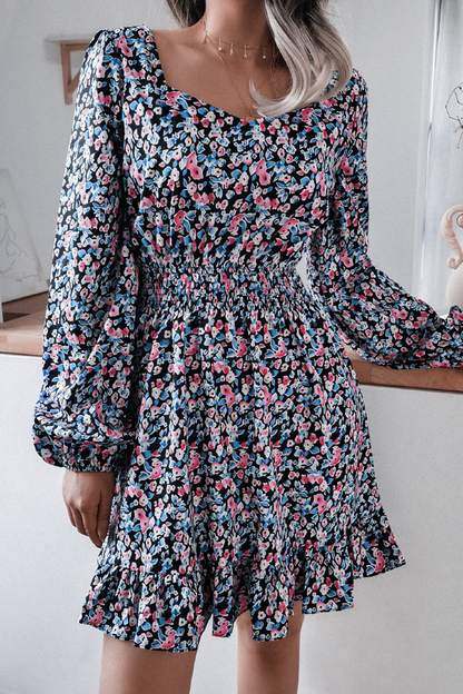 flowersverse Floral Chiffon Ruffle Lantern Sleeve Dress