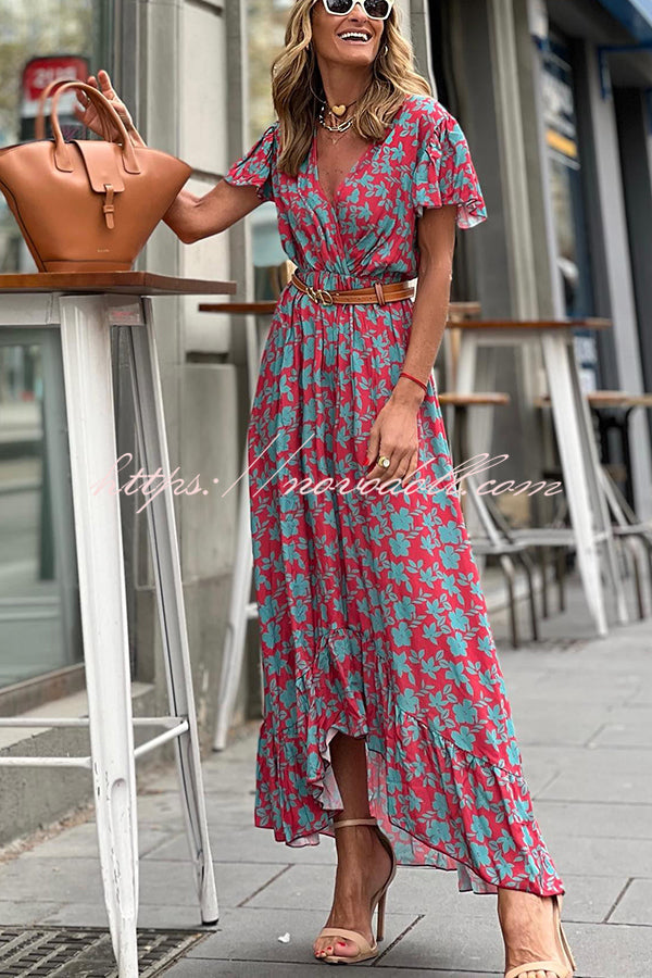 flowersverse Joyful Living Floral Ruffle High Low Midi Dress