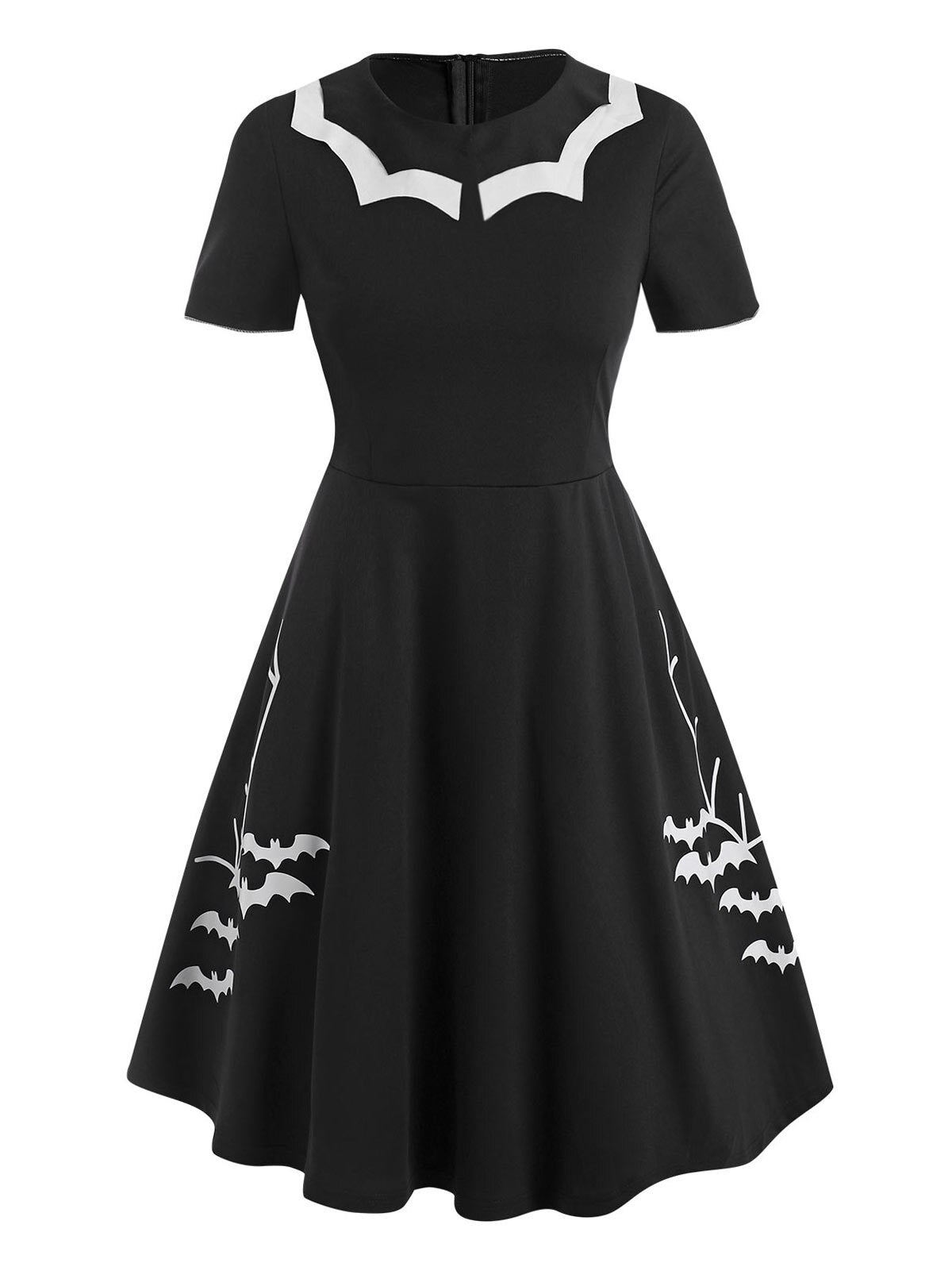 flowersverse Plus Size Black Gothic Dress Flat Collar Halloween Bat Print Side Pocket Women Vintage Dress Vestidos Casual Party New