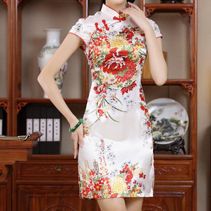 flowersverse Women's Semi Formal Dress Sheath Dress Cheongsam Dress Mini Dress Black White Red Short Sleeve Floral Split Summer Spring Mandarin Collar Elegant Wedding Guest Spring Dress Slim  S M L XL XXL