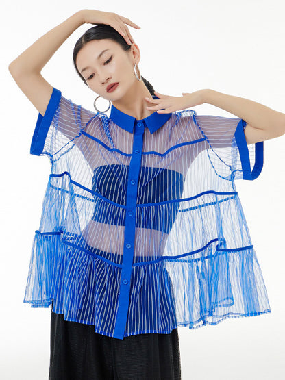 flowersverse Original Short Sleeves Loose Buttoned Mesh Pleated Solid Color Blouses&Shirts Tops