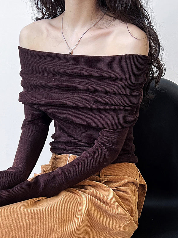 flowersverse Solid Color Long Sleeves Skinny Off-The-Shoulder Sweater Tops Pullovers