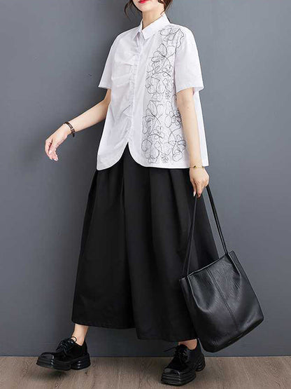 flowersverse Buttoned Embroidered Pleated Irregularity Loose Lapel Collar Blouses&Shirts Tops