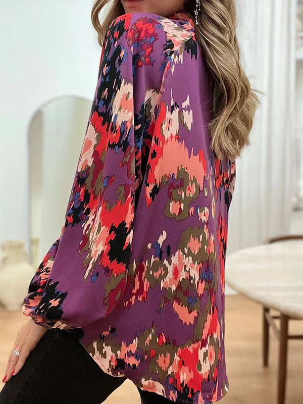 flowersverse Printed Long Sleeves Loose V-Neck Blouses&Shirts Tops