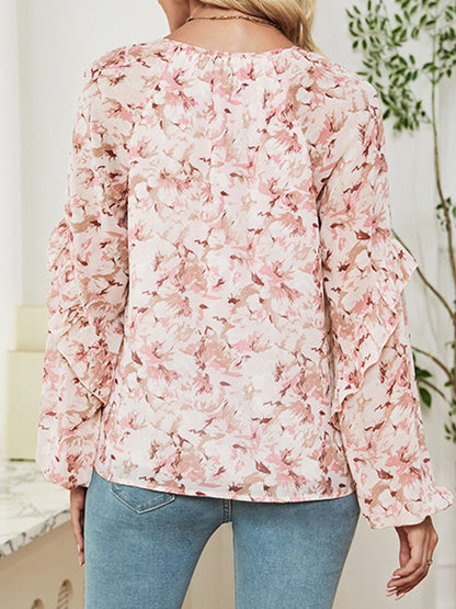 flowersverse Flower Print Tied Long Sleeves Loose V-Neck Blouses&Shirts Tops