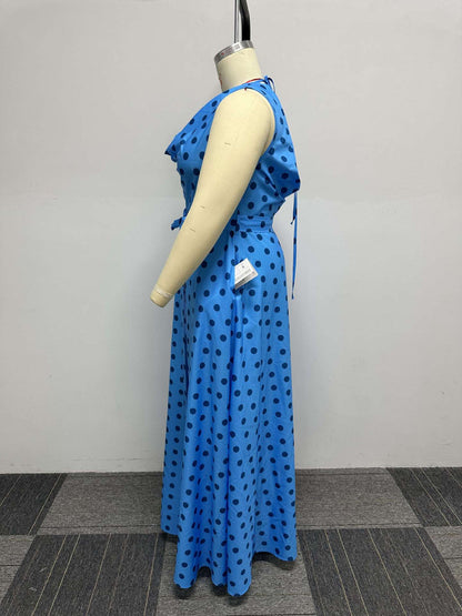 flowersverse Sexy Fit Polka Dot Print Plus Size Belted Sleeveless Maxi Dress